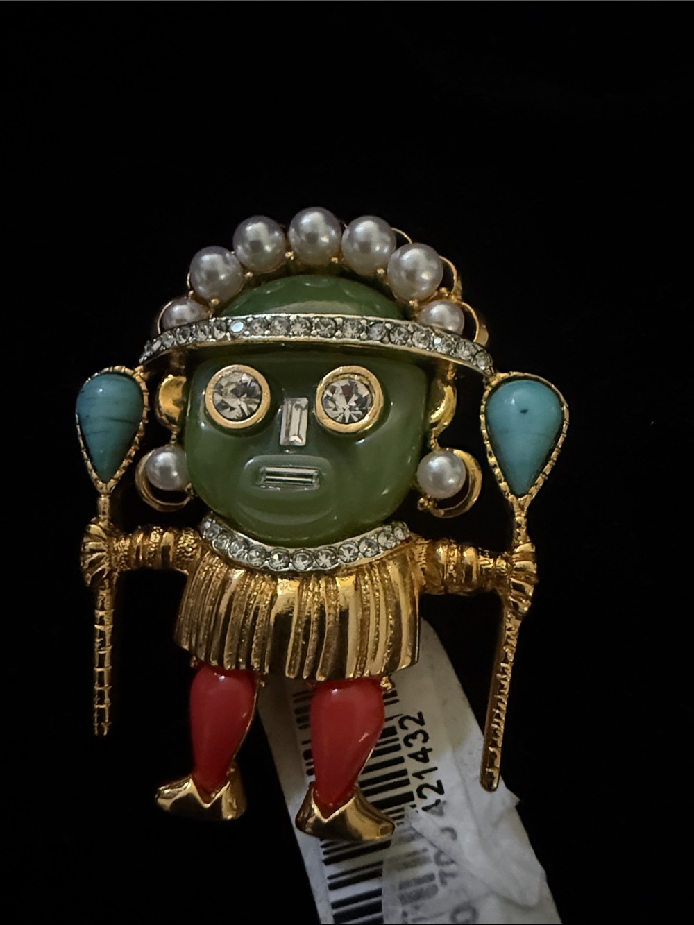 Gold-Tone Tribal Charm Brooch with Green Jade Face and Turquoise Accents